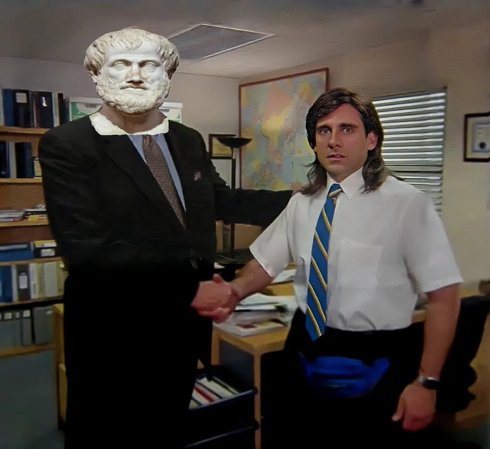 A meme of TV series The Office, (Michael or the mediëval philosopher) Scott shaking hands with Aristotle, credits to Kendall Bitner